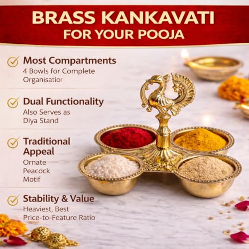 Image of Dual Purpose Brass kankavati with Peacock chowmukh | choupala | chopala | chokra for Pooja | 4 Bowl kumkum haldi Rice Holder | Traditional Home Temple & Festival Decor Item Large Size(226 gm)
