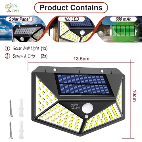 Image of Epyz ABS Plastic Solar Light Outdoor Waterproof Motion Sensor Lights Wall Night Light With 2 Modes For Fence Garage Yard Step Stair [ White Light,Pack Of 1, 100LED ]