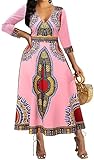 African Print Dress for Women V Neck Sexy Long Sleeve Bohemian Dashiki Traditional Tribal Long Maxi Dresses Pink