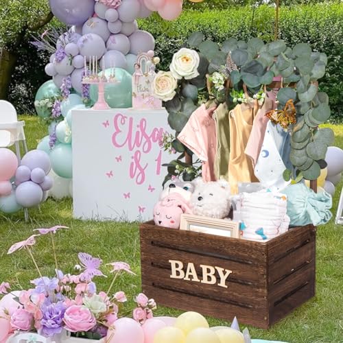 Image of Wooden Baby Shower Crate Closet, Baby Baskets Custom Baby Gifts for Boys and Girls with Baby Hangers, Personalized Basket for Pregnancy New Parent