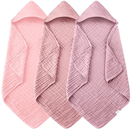 Image of Ease Cubs 3-Pack Muslin Hooded Baby Towels, 100% Cotton, Ultra-Soft & Absorbent Baby Bath Towels with Hood for Babies, Infant, Toddler and Newbron (Pink and Sakura Series,32" x 32")