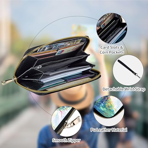 RFID Blocking Wristlet Wallet for Women – Slim PU Leather Zipper Clutch, Cute Credit Card Holder Purse with Wrist Strap for Ladies,Heart-shaped Tree and Leaves4