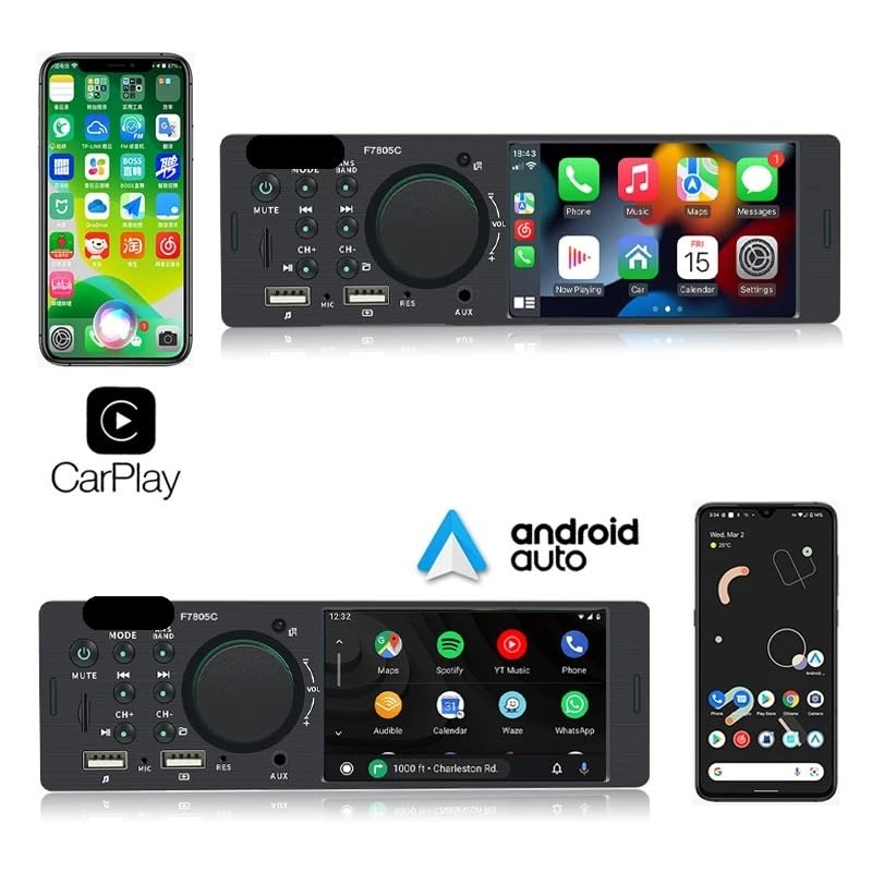 1 Din 4" CarPlay Car Radio, Bluetooth, Auto, MP5 Player, Handfree A2DP, USB TF Aux Stereo, Multimedia Head Unit F7805C
