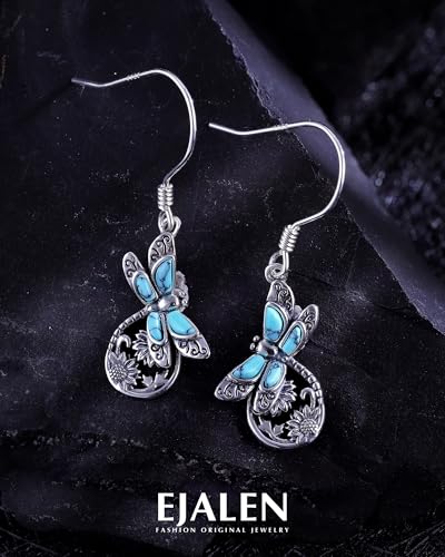 S925 Sterling Silver Turquoise Dragonfly Sunflower/Hummingbird/Butterfly/Cross/Anchor Earring Vintage Bohemian Jewelry Natural Drop/Stud Earrings Birthday Jewelry Gifts for Women2