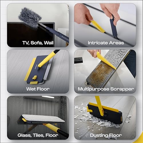 Image of MinuteToCleanIt 6-in-1 Floor Cleaning Kit - Microfiber Mop with Wiper, Jhadu, Scraper, Duster & Gap Brush - Wet & Dry Pocha Set with 360 Rotation, Stainless Steel Handle for Home, Kitchen, Bathroom