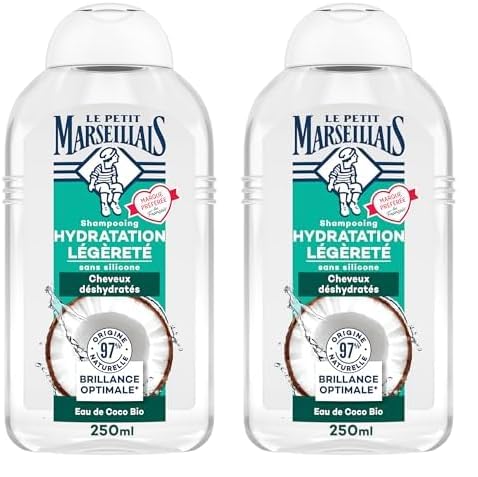 Le Petit Marseillais - Shampooing Hydratation Légèreté Eau de Coco Bio (flacon de 250 ml) – Shampoing sans silicone pour cheveux déshydratés – Soin cheveux...