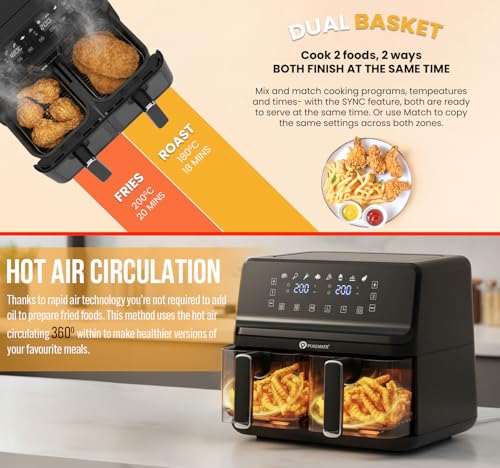 9L Dual Air Fryer with Digital Display, Healthy Oil Free 2500W Air Fryer with 8 Preset, LED One Touch Screen, Timer & Adjustable Temperature Control (9L(4.5L+4.5L) - Image 4