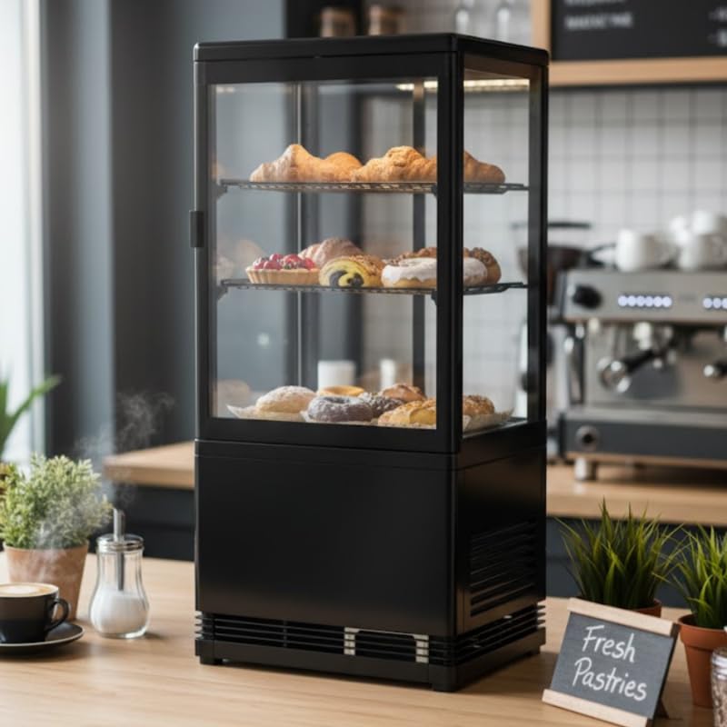 Générique Mini Vitrine Réfrigérée 58L Noire - 4 Faces Vitrées - Froid Ventilé - LED - Température 0/+12°C