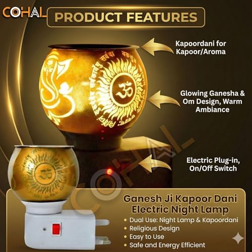 Image of COHAL Glass Kapoor Dani Electric Camphor Diffuser with Ganesh Ji Om Design | Aroma Dhoop & Incense Burner | Electrical Night Lamp for Home, Office & Pooja Room