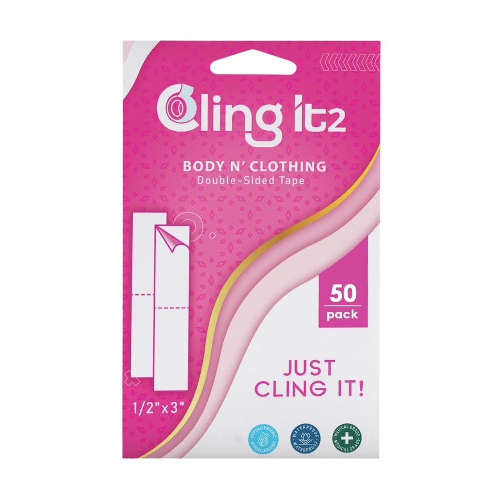 CLING IT2 Two-Sided Clothing & Body Tape – 50 Strips of Hypoallergenic Fashion Tape Double-Sided for Skin, Clothes, & Hemming without Ironing or Sewing – Medical-Grade, Heavy-Duty Fabric Tape