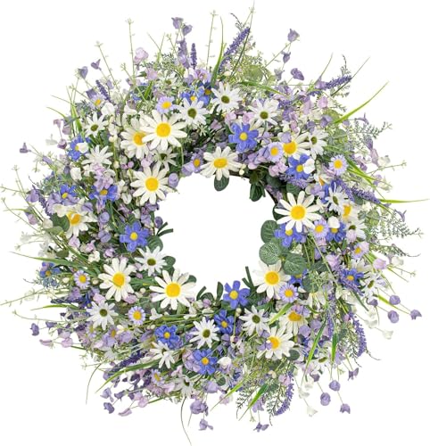 24 Inches Spring Wreaths for Front Door Blue Spring Door Wreath Summer Floral Wreath with Wildflower White Sunflower for Porch Indoors Outdoor Window Home Decorations