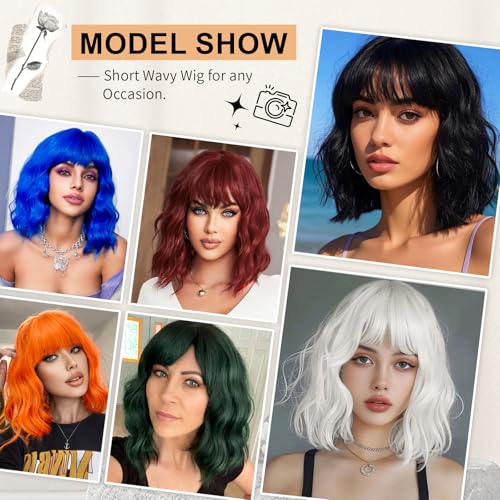 ago pink wigs short wavy hair pastel bob wig with bangs shoulder length synthetic hair for women girl colorful cosplay wig synthetic heat resistant fiber for daily party halloween use313pink