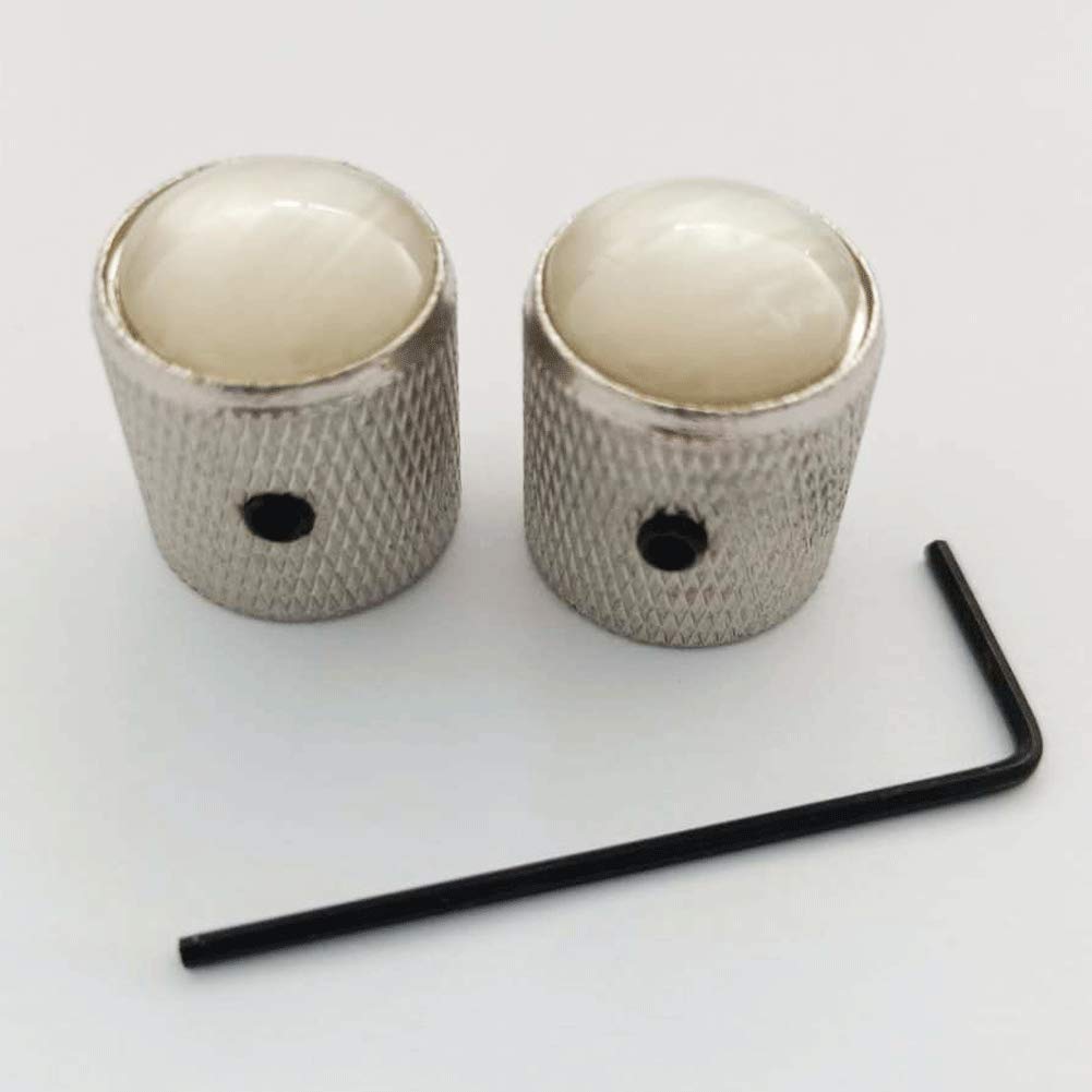 Metric Heavy Metal Knurled White Pearl Cap Guitar Dome Knobs Control for Telecaster Electric Guitar or Precision Bass, Chrome(Pack of 2)