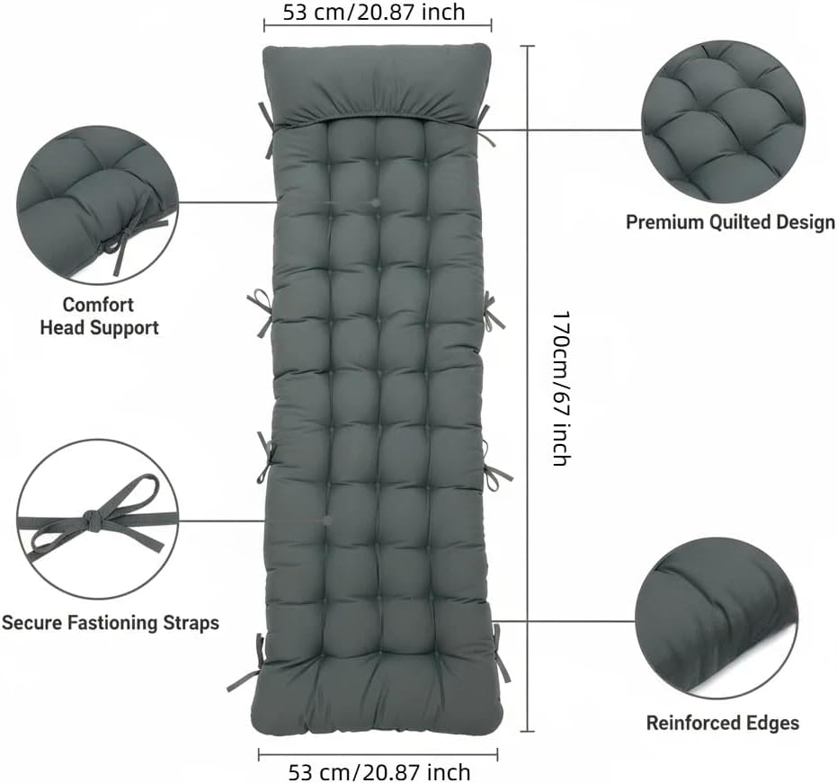 Garden Sun Lounger Cushions Only, Thick Garden Recliner Chair Replacement Anti-Slip Cushion for Indoor Outdoor Patio Yard Beach 67x20.8 Inches (No Chair) (Grey)