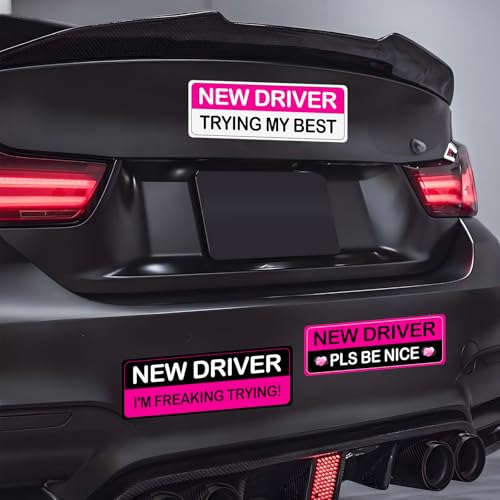 Image of 3Pcs Rose Red Student New Driver Car Magnetic Bumper Stickers Logo, Brightly Colored Safety Warning Signs for Women, Funny Car Magnet Accessories Stickers Suitable for Students and Novice Drivers