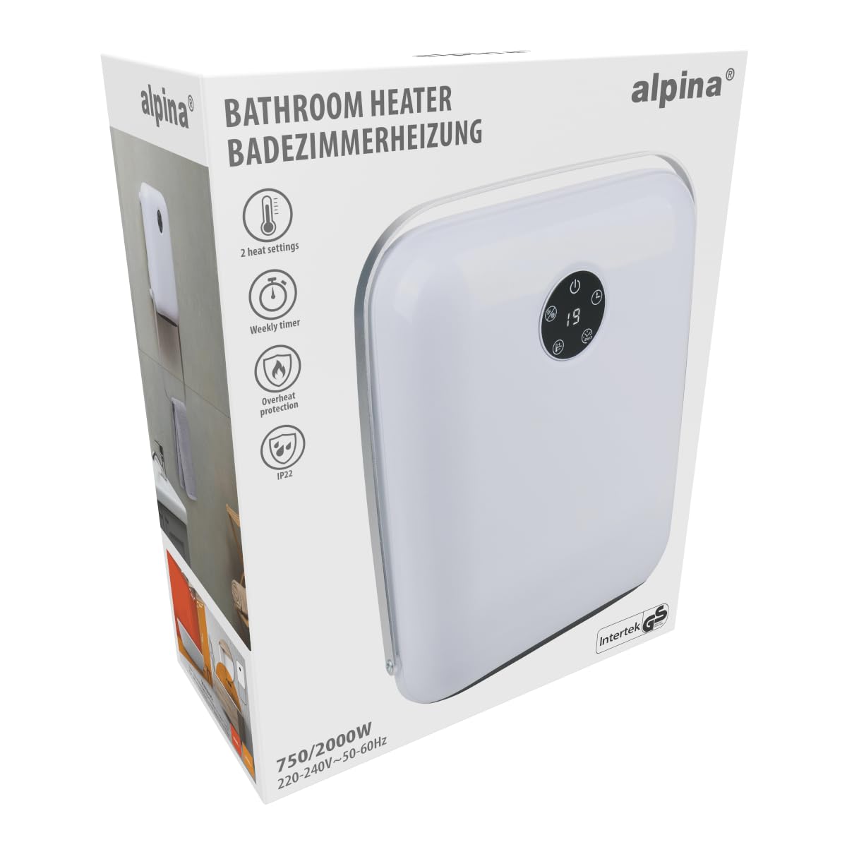 alpina Elektryczny grzejnik łazienkowy 750/2000 W - grzejnik elektryczny 2 stopnie grzania i 24-godzinny timer - piecyk IP22 odporny na zachlapanie, z pilotem zdalnego sterowania, montaż na ścianie
