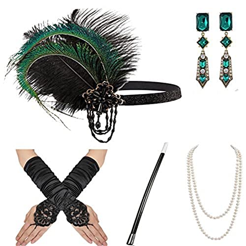 YUGSHNKFC Vintage Années 1920 Flapper Femmes Costume Accessoires Ensemble Plume Bandeau Collier Boucles D'oreilles Pour Les Années 20 Cocktail Flapper Womens Costume