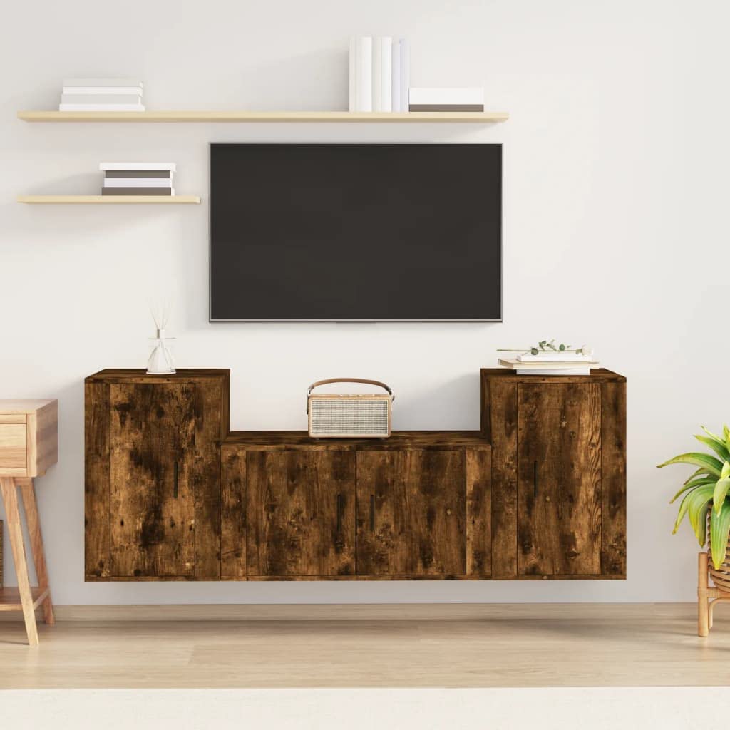 3-TLG. TV-Schrank-Set Räuchereiche Holzwerkstoff, Wandmontage, Modernes Media-Center für Wohnzimmer, Schlafzimmer, 80x34,5x40 cm