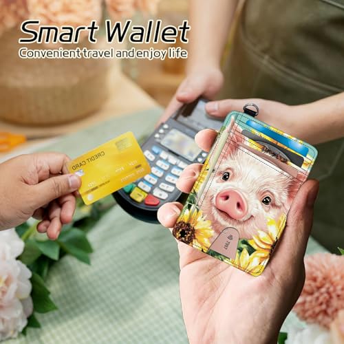 Small Travel Wallets, Pig Sunflowers Slim Minimalist Front Pocket Wallet with Wristlet, RFID Blocking PU Leather Credit Card Holder with ID Window Change Purse for Men Women4