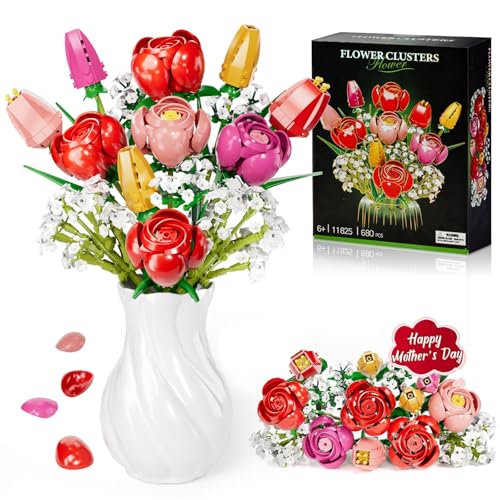 Byuert Blumen Bausteine Bausatz Botanicals Rosen und Tulpen - 13 teiliger Blumenstrauß aus Bausteinen mit Blumen als Geschenk zu Valentinstag Muttertag oder Geburtstag Für Mädchen und Jungen 6+