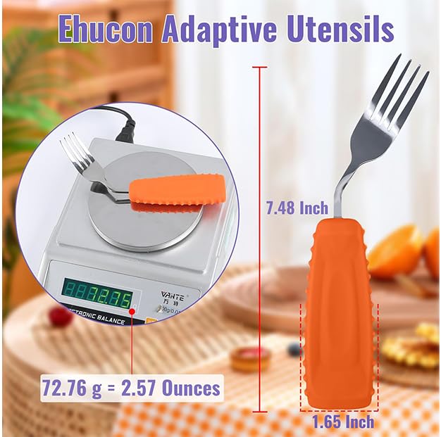 Image of Adaptive Utensils Angled Spoon and Fork for Hand Tremors Parkinsons,Weighted Utensils with Non-Slip Easy Grip Handles for Independent Eating (1pcs Spoon+1pcs Fork=2 pcs,Orange,Left Hand)