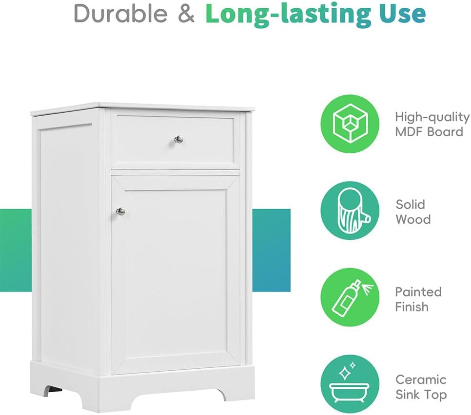 20" Bathroom Vanity Cabinet, Modern Freestanding Bathroom White Small Bathroom Storage Cabinet with Sink Combo and Adjustable Shelve for Small Space (20"× 18"×34")