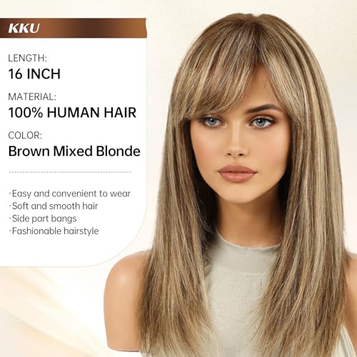 Image of KKU 16 Inch Brown Mixed Blonde Human Hair Wigs for Women, Straight Human Hair Wig with Bangs,Remy Human Hair Wigs,Daily Wig