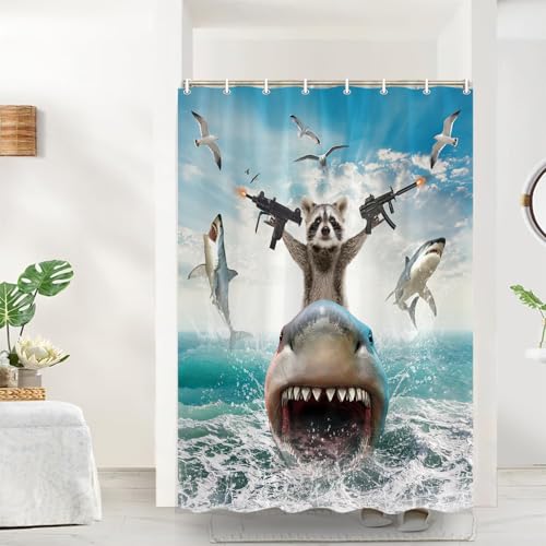 Image of TOMOZ Funny Animal Shower Curtain, Cool Raccoon Riding Shark Theme Ocean Shower Curtain for Bathroom, Fun Nautical Fabric Bath Curtain with 12 Hooks 48 x 70Inch