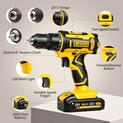 Image of 20V Cordless Drill with Battery and Charger, 3 /8'' chuck, Yellow