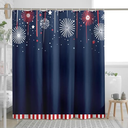 Cortina de ducha con diseño de fuegos artificiales del 4 de julio, cortinas de ducha del Día de la Independencia para baño, juego de accesorios de decoración de baño con estampado estético vintage, 72