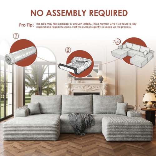 Image of Boneless Couch, Modular Sectional Couches for Living Room, U-Shaped Cloud Couch Sofa with Deep Seat, Fluffy Corduroy Upholstered Corner Sofa