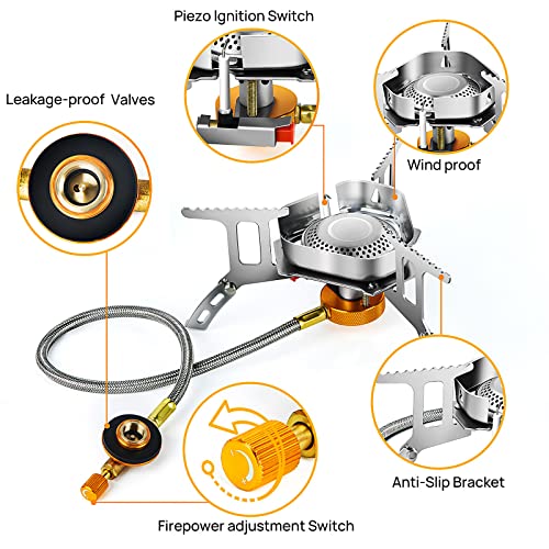 Striludo Backpacking Stove,Portable Camping Stove, Windproof Camp Stove, Foldable Burner,Lightweight,3500W, For Outdoor, Hiking, Picnic, Mountaineering,Bbq (With Propane Adapter And Piezo Ignitor) #TOP2