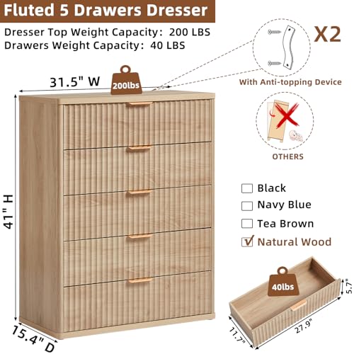 LEYAOYAO Fluted 5 Drawers Dresser for Bedroom, 41" Tall Modern Chest of Drawers with Metal Handle, Curved Profile Farmhouse Closet Organizer Wood Dressers TV Stand for Living Room, Hallway, Navy Blue