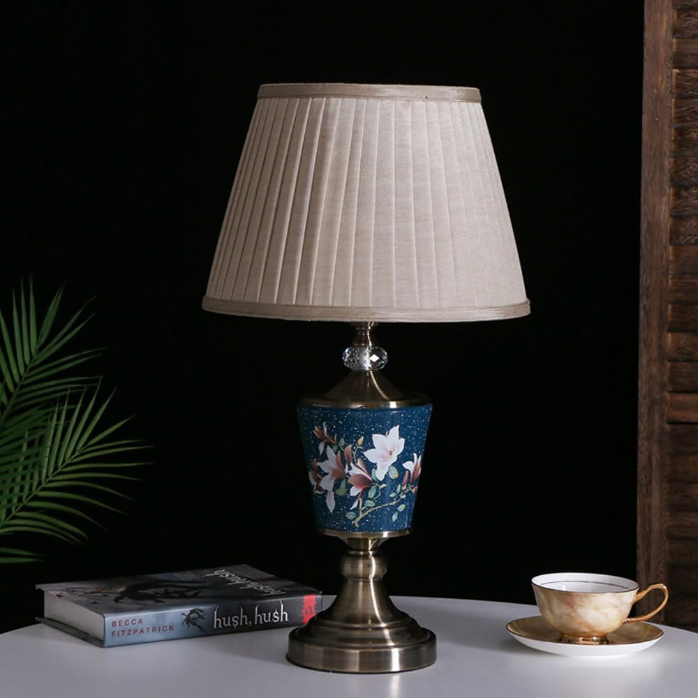 SGKOMN Table Lamp American Minimalist Ceramic Bedroom Bedside Lamp Copper Living Room European New Chinese Nightstand Lamp For Bedroom Living Room Office College Bookcase-A