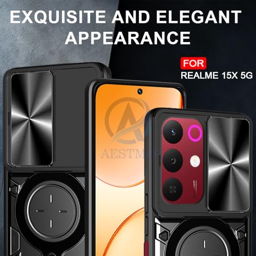 Image of AESTMO Armor realme 15X 5g / C85 5g Bumper Back Case Cover | Ring Holder & CD Pattern Sliding Camera Shutter Cover | Back Case Cover for realme 15X 5g / C85 5g (Black)