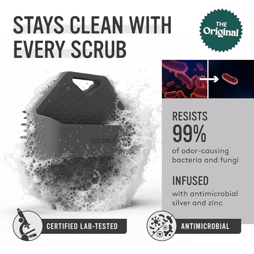 Image of Sud Scrub Antimicrobial Silicone Body Scrubber, Exfoliating Body Brush for Sensitive Skin, Antibacterial Shower Scrubber for Body, Bathroom Essentials for Men & Women, Charcoal