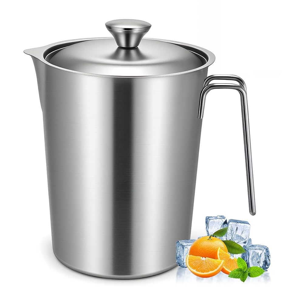 CTRLZS Large Mouth Graduated Beaker, 70 Oz/2L Stainless Steel Pitcher with Lid and Measuring Cup Featuring Markings& Handle, Milk Jug
