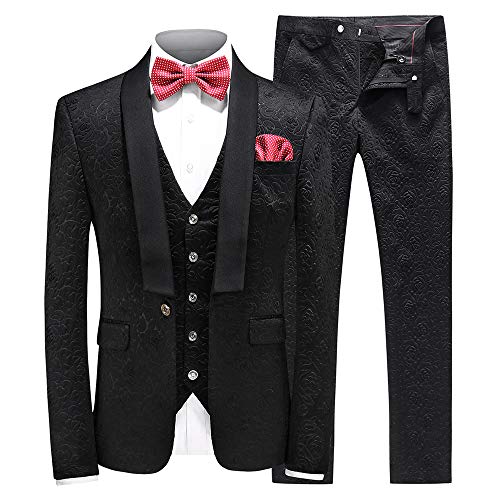 Mens Suit Jacquard Silm Fit 3-Piece Shawl Lapel Tuxedo Wedding Party Prom Suit Set US Size 32 (Label Size M) Black