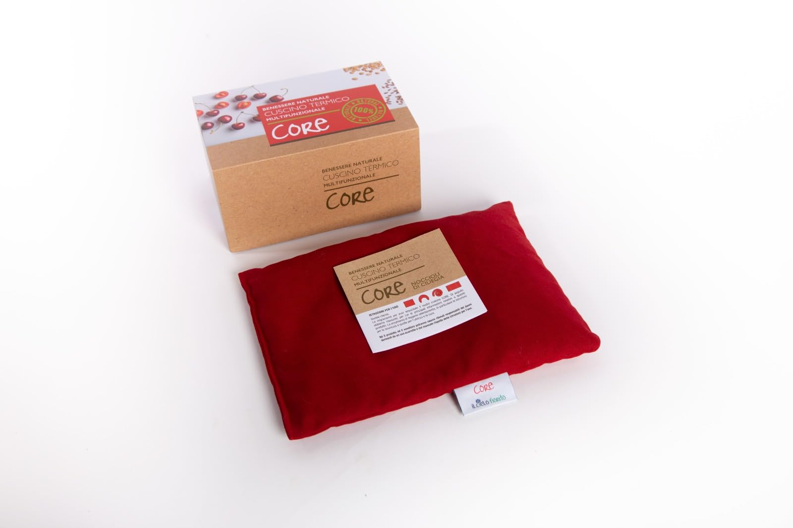 IL CIELO FIORITO Cuscino Termico con Noccioli di Ciliegia, Riscaldabile in Microonde, Cotone 100%, 30x22 cm, 650g, Linea Classica CORE (Rosso)