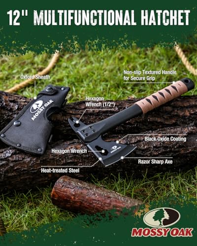 MOSSY OAK 12" Camping Axe and Survival Hatchet with Sheath, Compact Outdoor Multitool Hatchet with Hex Wrench Slots, Non-Slip Dual-Color Handle, Small Camping Gear for Hiking, Chopping, Hunting - Thumbnail 3