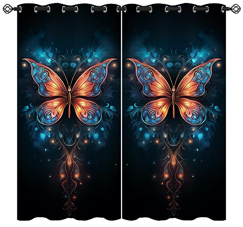 Butterfly Blackout Curtains for Girls Boy Home Decor, Art Dreamy Beautiful Colorful Cartoon Grommet Thermal Insulated Drapes Darkening Window Curtain for Bedroom Living Room, 63 x 63 Inch