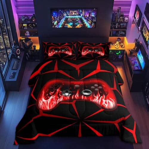 Feelyou Boys Gamer Comforter Set,3D Gaming Bedding Set Full Size for Kids Boys Bedroom Room Decor,Red and Black Video Game Comforter,Geometric Gaming Bed Set All Season for Game Lovers