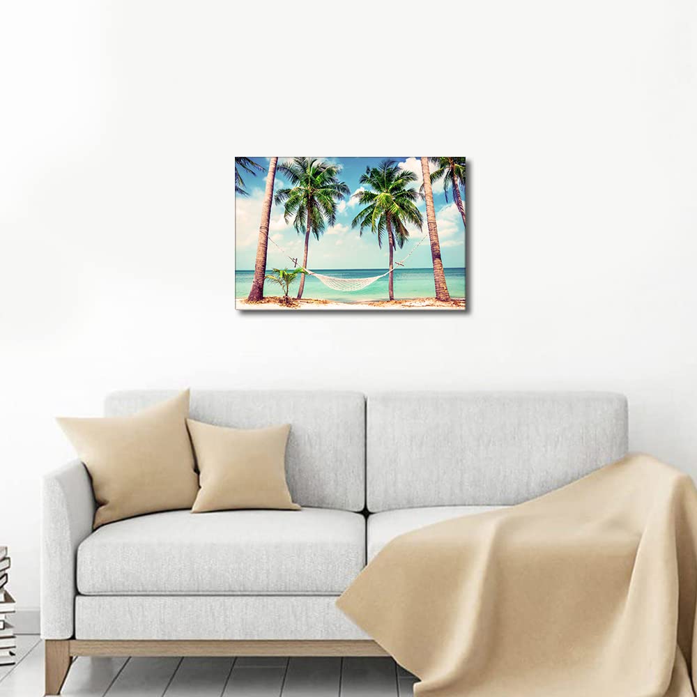 Beach Coconut Tree Hammock Canvas Wall Art Seascape Painting Seaside Artwork Picture Print for Living Room Bedroom Home Office Wall Decor Modern Landscape Ready to Hang (24X16in) - Image 4