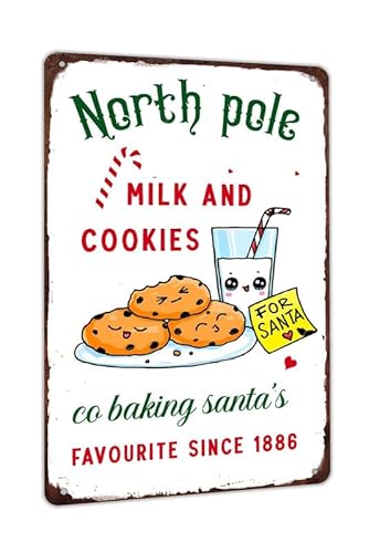 SMAZDFXX North Pole Milk and Cookies Tin Signs Funy Christmas Tin Signs for Home Kitchen Cafe Bakery Store Wall Decor 5.5"x8"