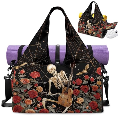 Travel Duffel Bag for Women Large Capacity Overnight Bag with Shoe Compartment Lightweight Sports Fitness Hospital Carry on Bags Halloween Decor Outfits, Red Roses Skeleton