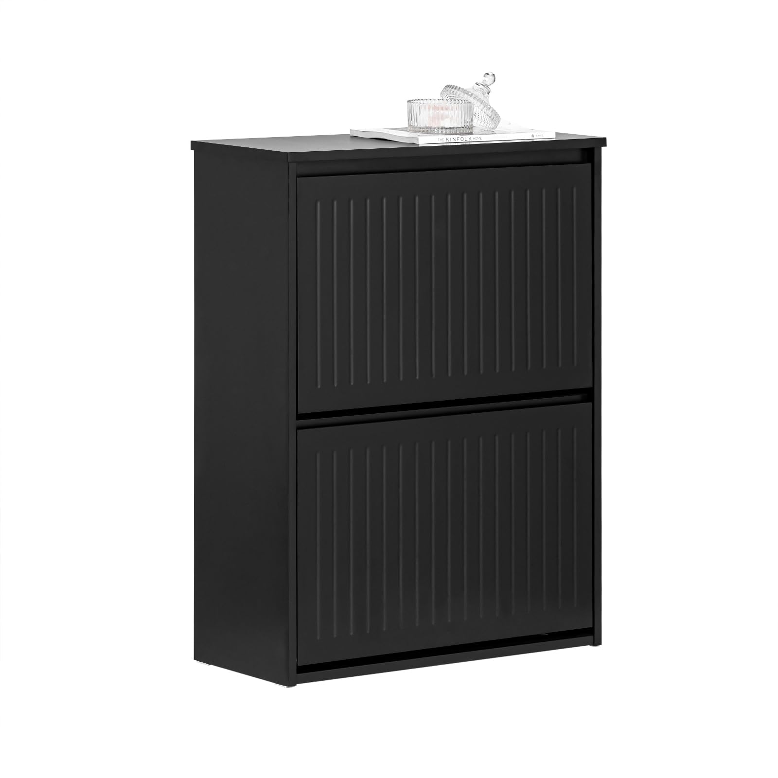 SoBuy Schuhkipper mit 2 Klappen Schuhablage Schuhschrank schmal Schuhregal mit 4 Ablageflächen Schuhkommode Schwarz BHT ca. 61x81x26cm FSR165-K-SCH