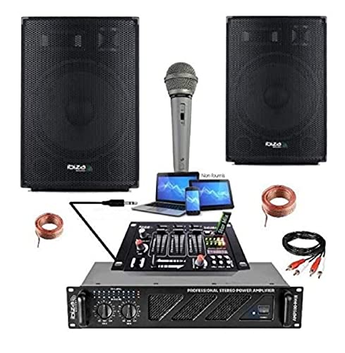 PACK AMPLI SONO + 2 ENCEINTES PRO + TABLE DE MIXAGE + MICRO + CÂBLE PC HP - PA SONO DJ LIGHT - Soirée mariage anniversaire