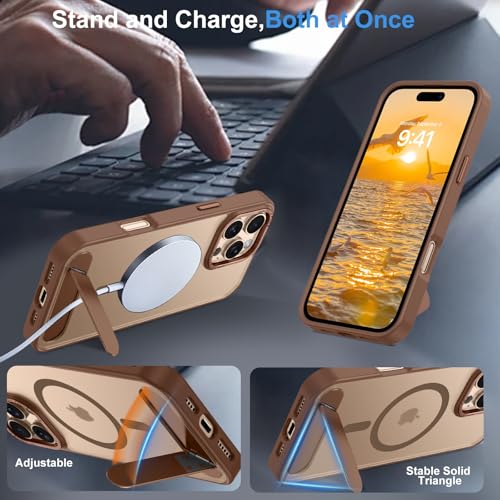 Image of GUAGUA Case for iPhone 16 Pro with Invisible Kickstand, Satin Skin Feel Matte Anti-Scratch, Slim Military-Grade Shockproof Protective Semi-Transparent Cover for iPhone 16 Pro 6.3 inch, Brown