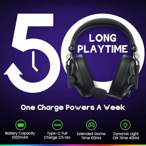 Image of WESEARY Wireless Gaming Headset with Mic, Gaming Headphones for PS5, PS4, PC, Switch & Mac, Bluetooth 5.4 & 2.4GHz Wireless Headset, 3D Surround Sound, 50mm Drivers, 50Hr Battery Life, LED Lighting