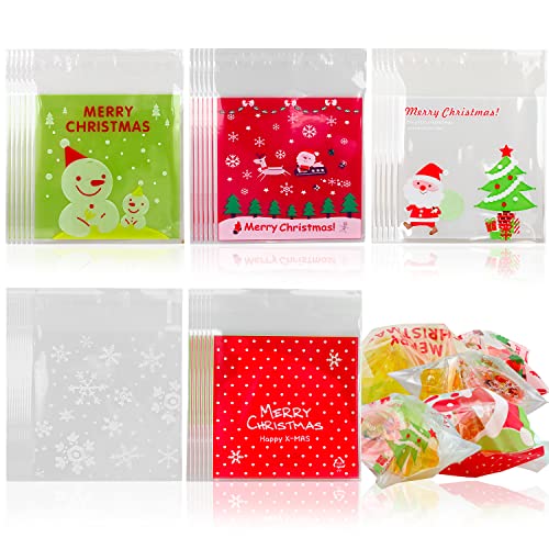 Lainrrew - 500 bolsas de galletas de Navidad autoadhesivas, bolsas de celofán transparentes para galletas, bolsas de plástico para Navidad, vacaciones, regalos de fiesta Cover